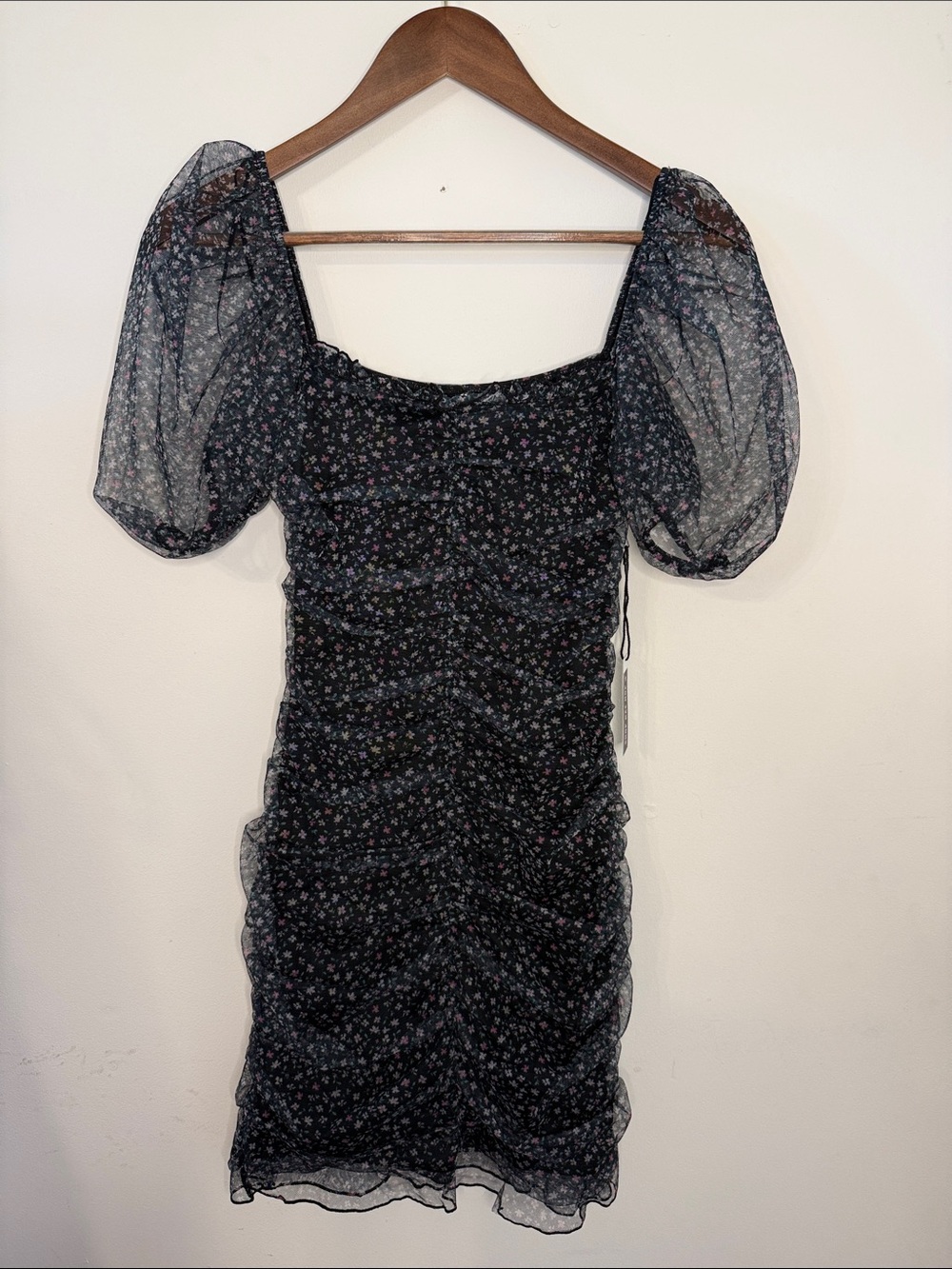 H&M Black Floral Puff-Sleeve Ruched Mini Dress